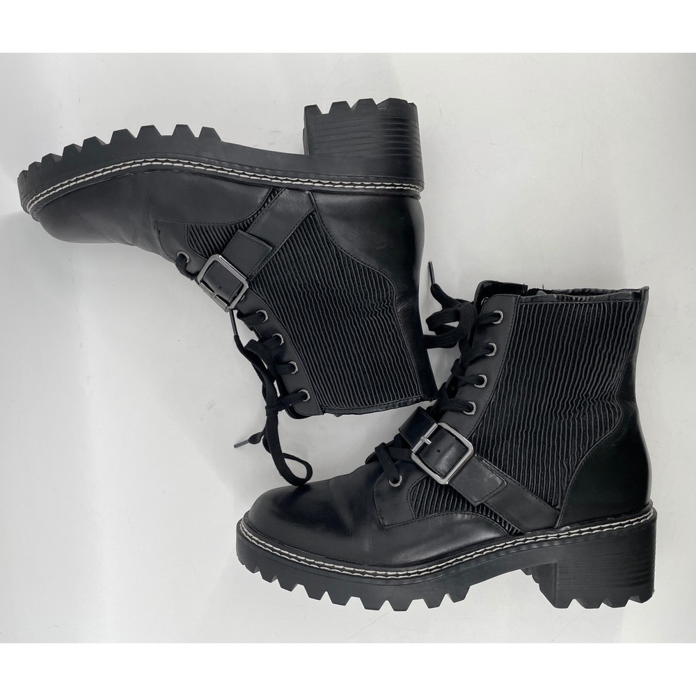 BCBGeneration Combat Boots Womens 10 Black Leather Lug Sole Buckle Y2K Chunky